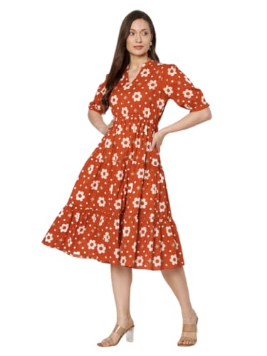 Image of Women's Floral Summer Maxi Dress I Cotton Printed I One Piece Bodycon Midi Dress with V-Neck, Puffed Sleeves