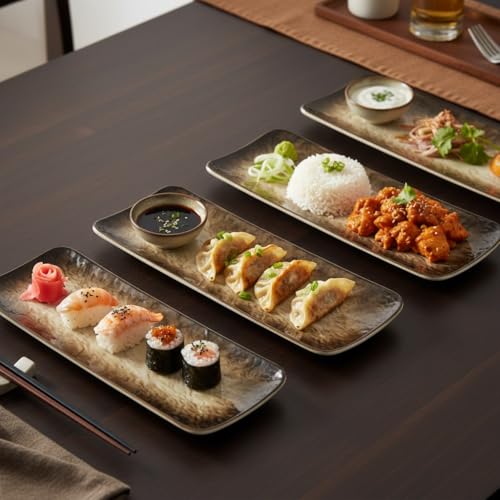 Image of Beyond Homes Ceramic Serving Tray Set of 3 | 12 Inch Rectangular Serving Plates | Premium Ceramic Platters for Sushi Dimsum Momos Snacks Starters and Appetizers | Microwave & Dishwasher Safe, Beige