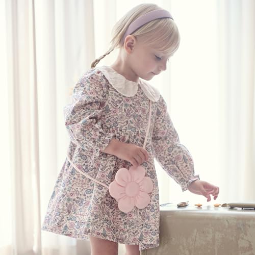 DAVE&BELLA Baby Girl Smocked Dress Long Sleeve Floral Print Sundress with Bag Princess Dress Toddler Cotton Playwear Outfits3
