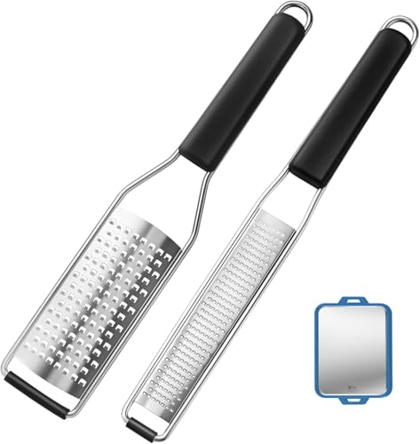 2-piece Grater Set with Medium Shredder,Fine Shredder and Cleaning Brush, GUANCI Stainless Steel Zesters,Sharp Kitchen Tools for Ginger, Garlic, Nutmeg, Chocolate, Vegetables, Fruits, dishwasher safe