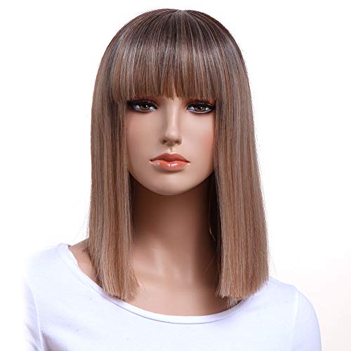 GOTTA Bob Straight Brown Wig 14'' Short Synthetic Hair Full Wig with Bang Shoulder Length Ombre High Density Bob Replacement Wig for Women, Chestnut Brown to Ash Blonde(T6/22)