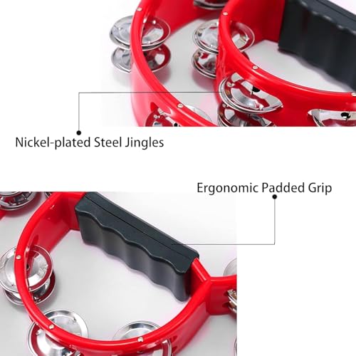 Image of PERLMAN Tambourine Half-Moon Double Row Jingles, Ergonomic Grip, Hand Percussion Dafli for Adults & Kids, Party /Stage Use (Red)