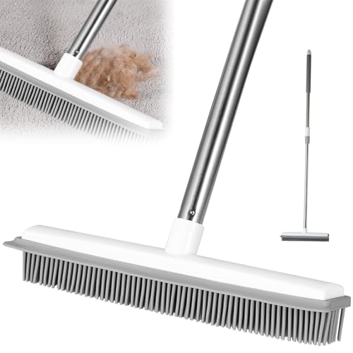 Balai en caoutchouc avec raclette - Brosse de sol pour tapis avec manche télescopique pour enlever les poils d'animaux, chats, chiens (135 cm)