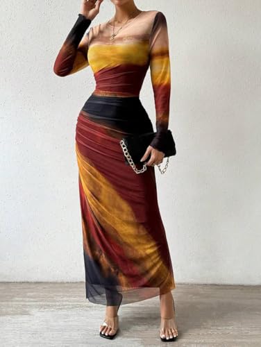 Image of LIGHT DOT Women's Printed Bodycon Maxi Dress Long Sleeve Tie Dye Mesh Ruched Cocktail Dress