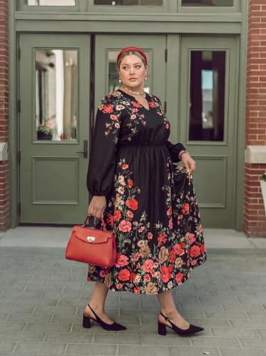 Image of TIYOMI Womens Plus Size Dresses Fall Long Sleeve Maxi Dresses V Neck Floral Spring Party Dress with Pockets XL-5XL (14W-28W)