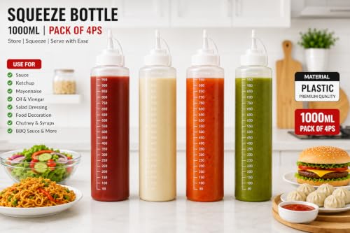 Image of 1000ML Squeeze Bottle Pack of 4, Food Grade Plastic Condiment Dispenser Bottles with Measurement Marking, Leakproof Sauce Bottle for Ketchup, Mayonnaise, Oil, Vinegar, Chutney, Syrup & Salad Dressing