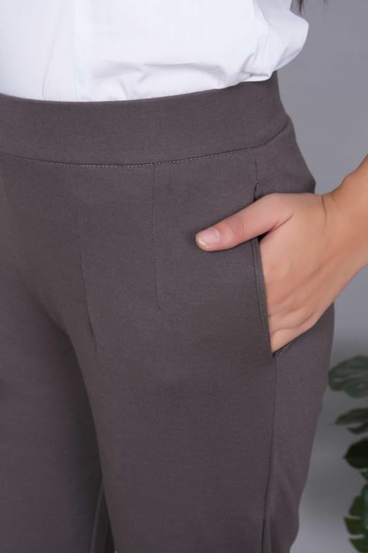 Image of Mlada Straight Fit Cigarette Pencil Pants Elastic Waist Band Mid High Waist Formal Office Trousers for Women, Pockets for Travel Stretch Cotton Knit Full Length Regular /Plus Size