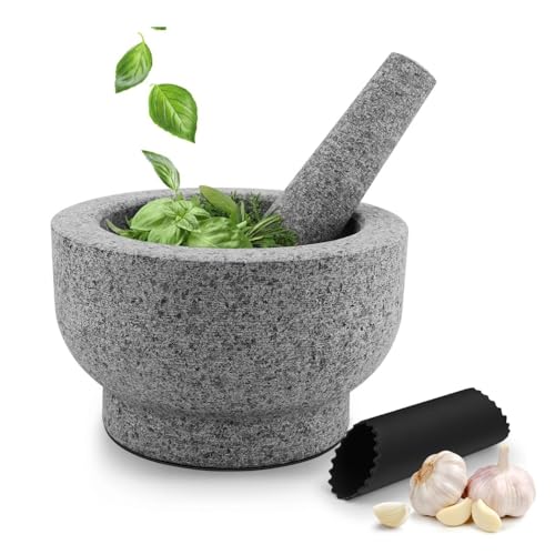 Flexzion Granit Mörser und Stößel Set, 4 Tassen Groß Mörser und Stößel Molcajete Schüssel Steinmühle Schüssel Stößel und Schüssel mit Knoblauchschäler und Antirutschmatte für Guacamole, Gewürze, Grau