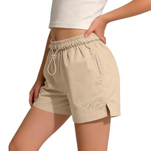Image of Girls Athletic Shorts Elastic High Waist Summer Sweat Shorts, Kids Active Baggy Wide Leg Hot Pants Hip Hop Dance Performance Bottoms Casual Daily Wear Khaki 9 Years