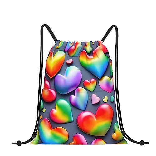Sac à dos imperméable avec cordon unisexe pour piscine sport et cœurs arc-en-ciel