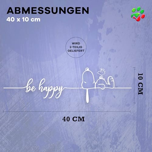 tradercat Auto Aufkleber Snoopy Be Happy - 2-teilig - 40cmx10cm - Sticker für alle Oberflächen - Fenster, Seitenspiegel, Heckscheibe, Motorhaube, Fahrzeug – mit Anleitung, Weiß