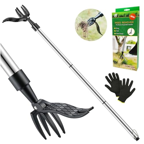 71Nmly Weed Puller Standing,Stainless Steel Stand Up Weeder Hand Tool,3-part Detachable Handle Weed Remover Tool with Metal Weeding 4 Claws Head for Garden Lawn(With a pair gloves) Little Pocket