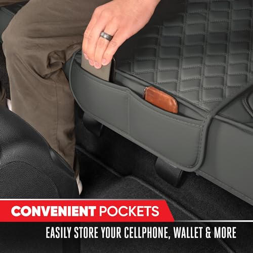 Image of Motor Trend Rear Seat Cushion - Gray Diamond Stitched Faux Leather Rear Seat Cover for Cars, Trucks, SUVs - Padded, Waterproof, Non-Slip Back Seat Cover with Storage Pockets