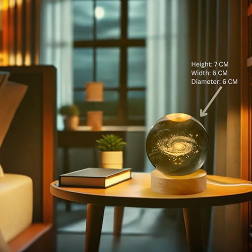 Image of 3D Milky Way Crystal Ball Night Light with Wooden Base, Table Lamp