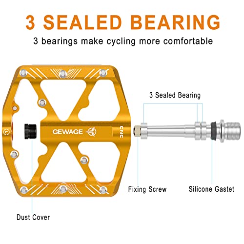 Bike Pedals 9/16 Inch - Bicycle Pedals With Reflectors - 3 Sealed Bearings Mtb Pedals Wide Platform Pedals For Mountain Bike, Bmx, Road Bike Pedals (Gold) #TOP2