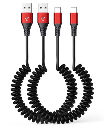 USB to USB C Car Cable 3FT 2-Pack, 60W Fast Charging USB Coiled Cable, Stretchable USB A to USB C Car Charger Cord for CarPlay & Android Auto for iPhone 17-15 Pro Max, Samsung S25, iPad, Pixel - Red