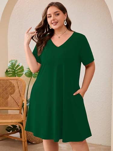 Image of AusLook Plus Size Midi Dress for Women Loose V Neck Short Sleeve Summer Casual A Line T Shirt Sundresses with Pockets 1X-5X