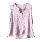 Damen Leinen Sommer Breit Träger Ärmellos Mexikanisch Bestickte Boho Fließend Casual Tank Bluse Hemd Oberteil(Pink, XXXL)