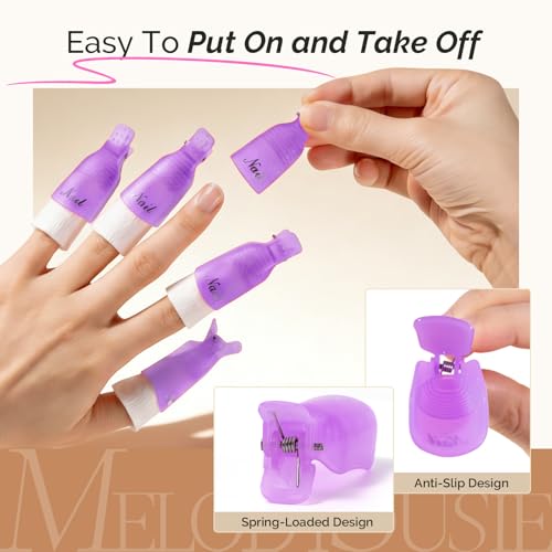 Image of MelodySusie 6PCS Nail Polish Gel Remover Tools Kit with Nail Clips | 10pcs Purple Fingers Clips, 100pcs Lint-Free Wipes, Files 100 /180, Buffer Block 400 /4000, Brush, Cuticle Pusher