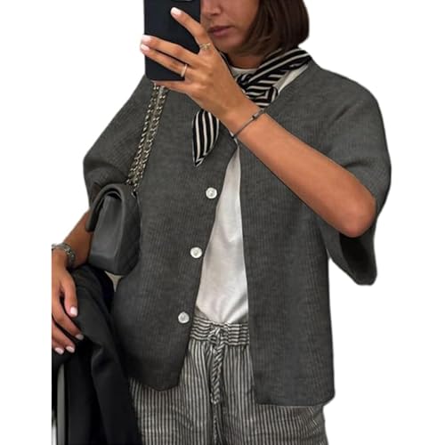 Image of Women Y2k Knitted Crop Cardigan Shirt Short Sleeve Button Down Ribbed Knit Crop Top Outwear Top Tee Shirt