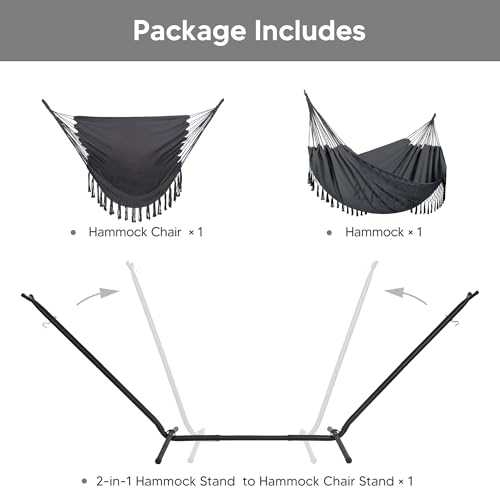 Image of SUNCREAT 2-in-1 Outdoor Hammock and Stand, Patented, Dark Grey with Tassel