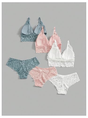 Image of Verdusa Women's Lingerie Sets 6 Piece Lace Bow Floral Underwear Bras Wireless Padded Bra and Panty Set