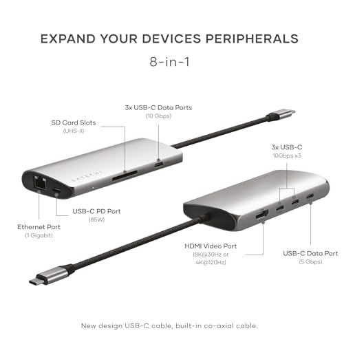 Image of Satechi 8-in-1 USB-C Hub V3, 8K HDMI, Multiport Adapter, Space Grey