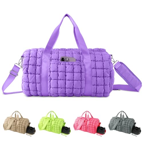 Image of Quilted Travel Duffle Bag Gym Bag for Women,Large Puffer Duffle Weekender Bag with Compartment,Workout Overnight Carry on Organizer Bag Duffle Bag for Airplane Travel(L-Purple)