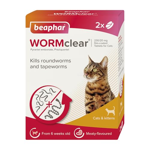 Beaphar - WORMclear Tablets for Cats - 2 Tablet Pack - Kills All Common UK Intestinal Worms (Roundworms & Tapeworms) - Vet Strength Worm Treatment - Meaty-Flavoured - For Cats Over 6 Weeks Old & 1kg