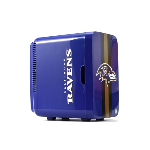 Image of Ukonic NFL Baltimore Ravens 15-Can Mini Fridge 10L - AC /DC Powered, Official Team Colors & Logo, Portable Cooler for Tailgates, Home, Office, or Car