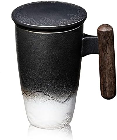 SULIVES Tea Cup with Lid, Porcelain Tea Mug with Stainless Steel Infuser, Gradient Large Ceramic Teacup, Perfect for Office and Home Use, Black 400ml (Black White)