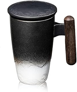 SULIVES Tea Cup with Lid, Porcelain Tea Mug with Stainless Steel Infuser, Gradient Large Ceramic Teacup, Perfect for Office and Home Use, Black 400ml (Black White)