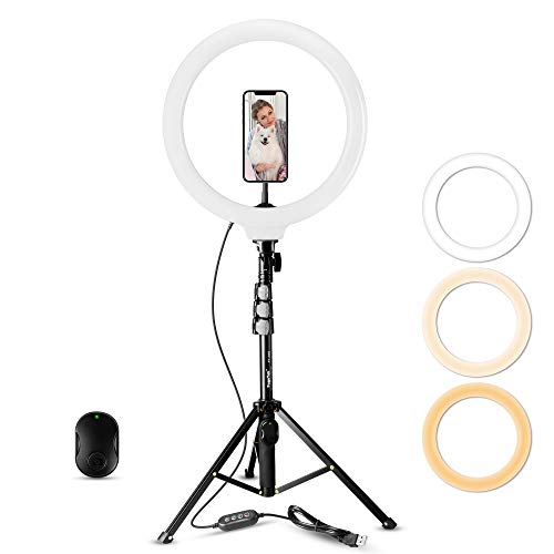 12" Fugetek Selfie Ring Light Kit With Tripod Stand, Dimmable, 3 Color Modes, Cell Phone Holder, Bluetooth Remote, Aluminum, Extendable, For Live Stream, Tiktok, Photos, Makeup (Black) #TOP21