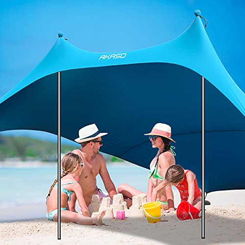 Image of AKASO Beach Tent, Portable Beach Canopy Sun Shelter UPF50+ for 6-8 People, for Beach, Camping Trips, Fishing, Backyard or Picnics (10x10 FT with 2 Poles)