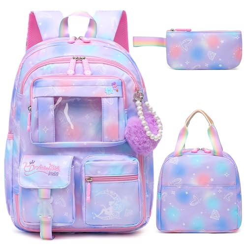 Alrisg Girls Backpack Set School Bookbag for Kids Elementary Middle School, Cute Backpack for Girls Purple