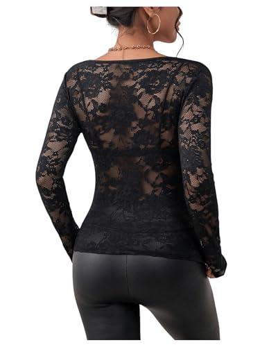 WDIRARA Women's Floral Embroidery Mesh Lace Round Neck Long Sleeve Top2