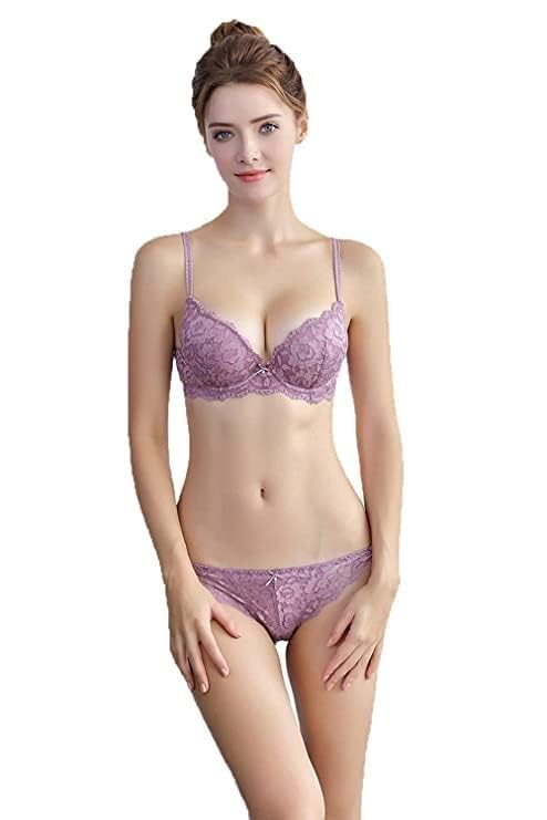 Image of Designer Women's Lace Push-Up Bra & Panty Set | Underwired, Solid, Baby Doll Bikini Style