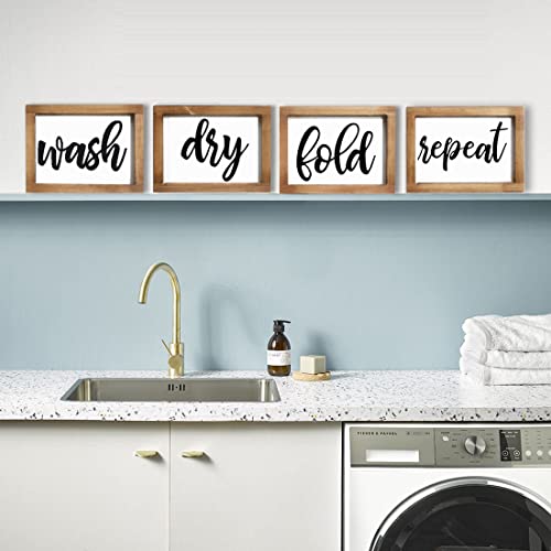 Mokof Laundry Room Decor Wash Fold Dry Repeat Mini Signs Set Of 4, Farmhouse Laundry Room Decorative Sign Framed Wood Wall Art, Laundry Shelf Decor, 6'' X 8'' (Brown Frame) #TOP2