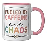 Fueled By Caffeine And Chaos Coffee Lover Mother's Day 2026 Ceramic Mug, Pink/White