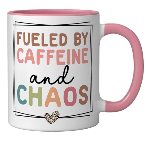 Fueled By Caffeine And Chaos Coffee Lover Mother's Day 2026 Ceramic Mug, Pink/White
