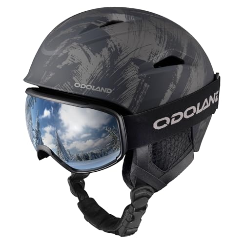 Odoland Ski Helmet with Ski Goggles for Skiing and Snowboard, Light Weight and Adjustable Ventilation Snow Helmet with Warm Fluffy Earpads for Men Women Adult and Youth Ink Black S