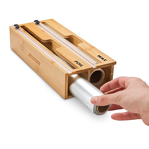 2 In 1 Wrap Dispenser With Cutter And Labels, Plastic Wrap, Aluminum Foil And Wax Paper Dispenser For Kitchen Drawer, Bamboo Roll Organizer Holder, Compatible With 12" Roll #TOP2