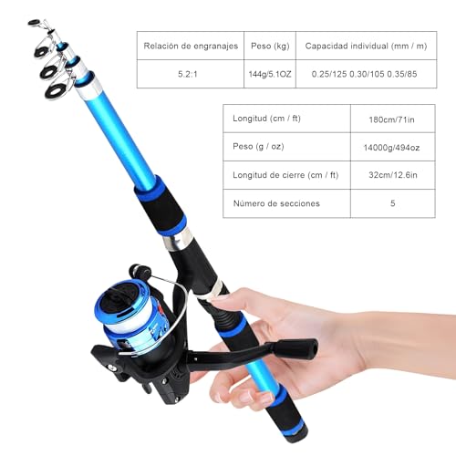 Vakrny Adult Fishing Rod, 1.8 m Fishing Rods, Retractable Carbon Fishing Rod, Includes Fishing Line Kit with Carry Bags, Lightweight Kit Accessories with Spinning Reels