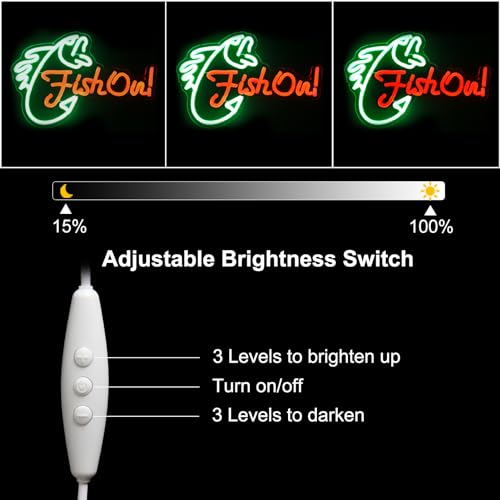 Image of Fish On Neon Sign Go Fishing LED Lights for Bedroom Garage Decor Men Gifts | Fish Neon Light for Wall, Dimmable Acrylic Fishing Sign, Green Red Letter Light Up Sign, Man Cave Yacht Decor, Fishing Gifts