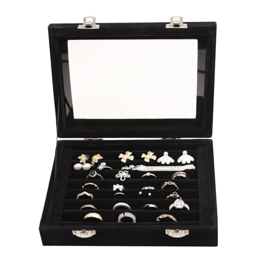 Samt Schmuckkasten Schmuck Organizer, Ring Aufbewahrungsbox Jewelry Organizer Schmuckschatulle mit 7 Fächern und Deckel für Ringe,Ohrringe,Halskette und Manschettenknöpfe-Schwarz