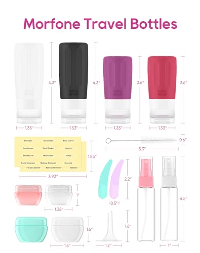 Image of Morfone 16 Pack Travel Bottles Set for Toiletries, TSA Approved Travel Containers Leak Proof Silicone Squeezable Travel Accessories 2oz 3oz for Shampoo Conditioner Lotion Body Wash, Purplish Red