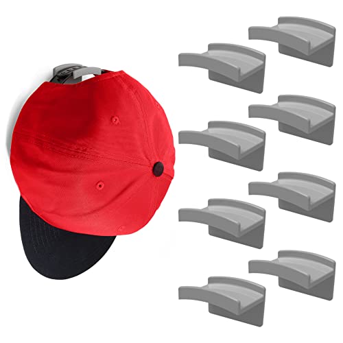 Modern JP Adhesive Hat Hooks for Wall (8-Pack) - Minimalist Hat Rack Design, No Drilling, Strong Hold Hat Hangers - USA Patented, Gray
