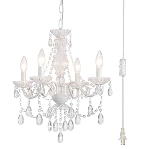 Plug in Crystal Ceramic White Chandelier, Glass Chandeliers, White crystal Hanging Pendant Light with Clear Cord and On/Off, 4 Light Crystal Chandelier for wedding, Kitchen, Dining, Foyer, Mini room