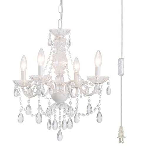 Plug in Crystal Ceramic White Chandelier, Glass Chandeliers,White crystal Hanging Pendant Light with Clear Cord and On/Off, 4 Light Crystal Chandelier for wedding, Kitchen, Dining,Foyer, Mini room