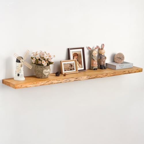 Realgulf Live Edge Floating Shelf 55 Inch Extra Long | Solid Rustic Elm Wood with Invisible Brackets | Wall Mounted Shelf for Living Room, Kitchen, Bathroom | Natural